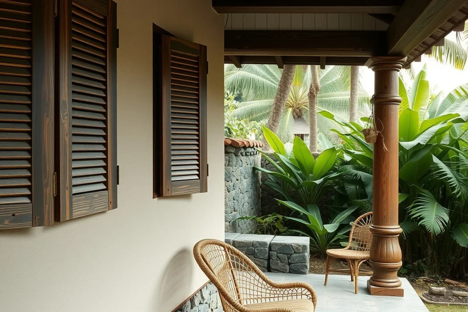 Véranda et jardin tropical à l'île Maurice